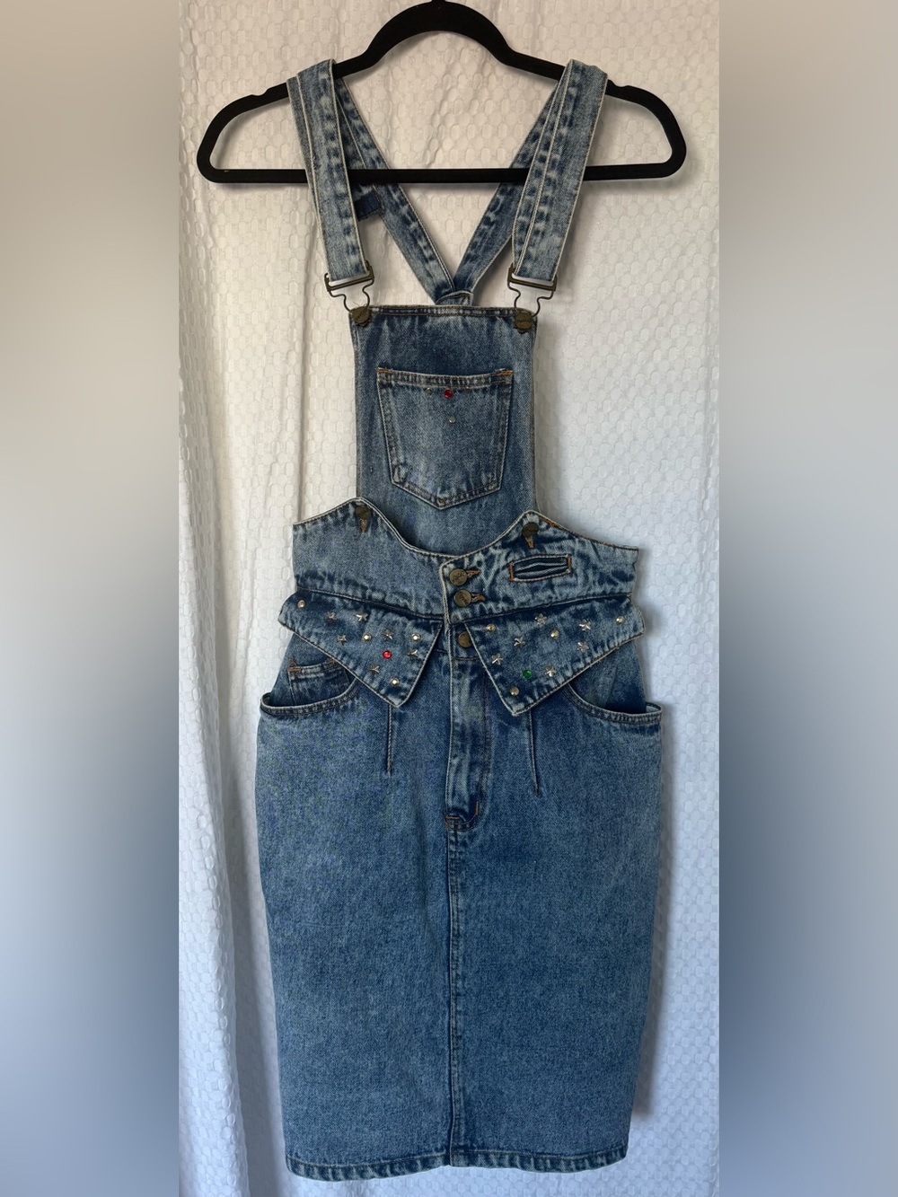 Vintage Crystal 90s Embellished Denim Detachable Overall Skirt 11/12 - Picture 2 of 10